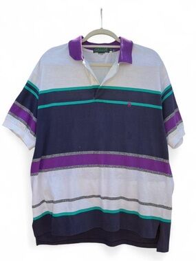 80’s Gallop Striped Polo Shirt in Navy, Purple & Teal